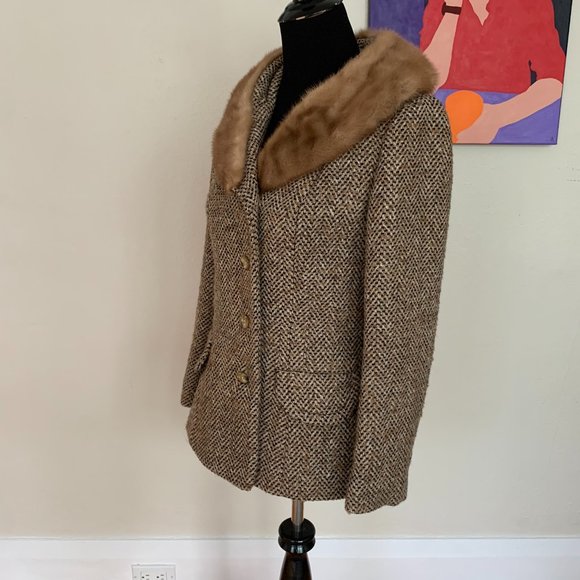 Vintage 60s tweed and fur jacket sz S - Picture 3 of 5